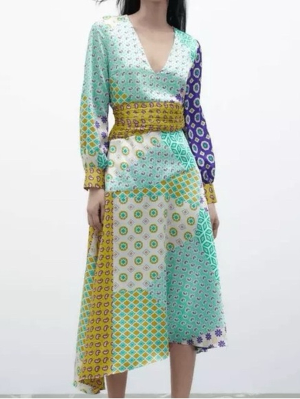 Zara Multicolor Patchwork Midi Dress - Mint, Yellow, Purple, White
